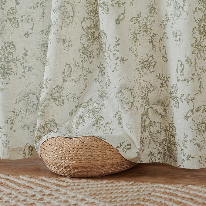 jinchan Lined Linen Blend Curtain Floral Curtains for Living Room 90 Inches Long Christmas Green Peony Flower Printed Curtain Back Tab Farmhouse Patterned Drapes Bedroom Curtains Set 2 Panels