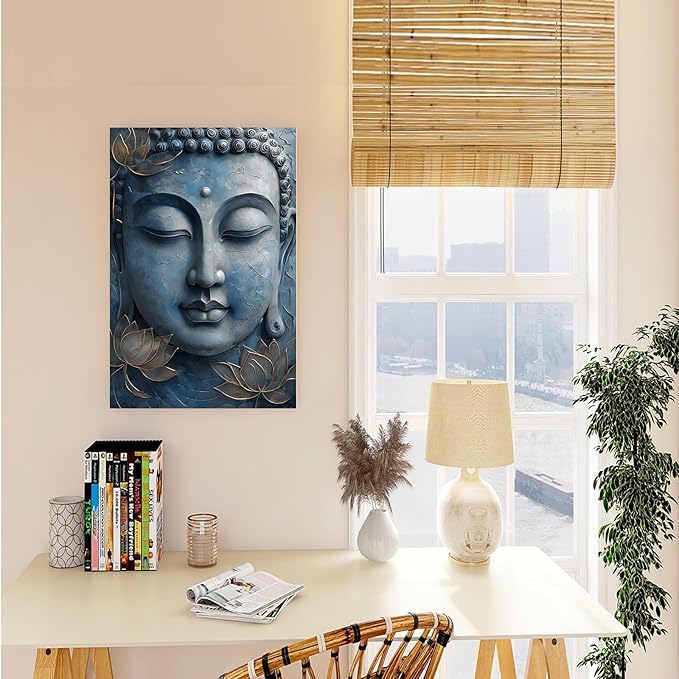 Canvas wall art Golden lotus crown Serene Buddha poster Ethereal blue toned art with delicate floral decor Zen wall art for a tranquil meditation space 28x40in Wood Framed