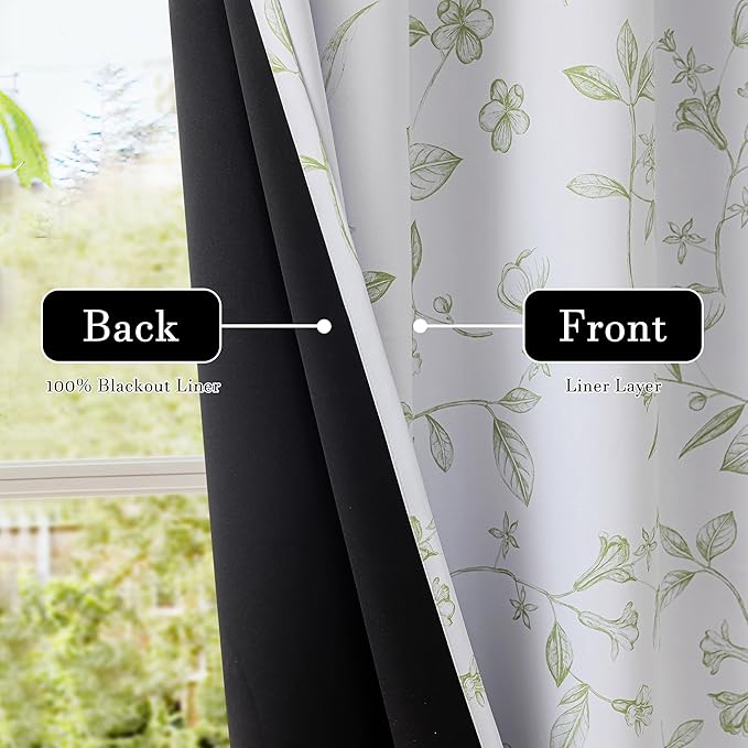 ChrisDowa 100% Blackout Floral Curtains 108 Inches Long 2 Panels for Bedroom Living Room Sage Green Flower Patterned Room Darkening Thermal Insulated Soundproof Grommet Window Treatments Drapes,52X108