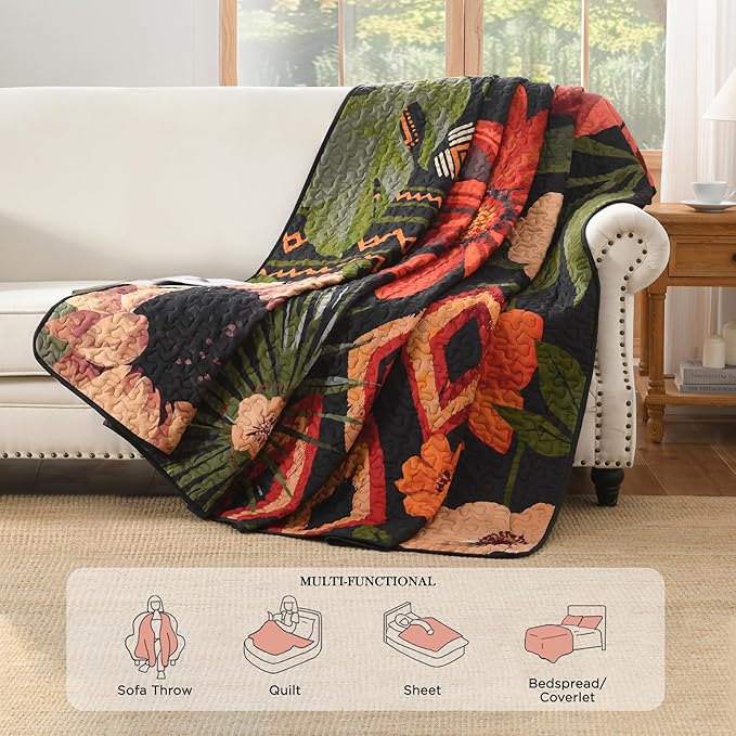 Andency Floral Boho Super King Quilt Bedding Set Black, 3 Pieces Farmhouse Flower Botanical Bedspreads with 2 Shams, Soft Reversible Lightweight Microfiber Coverlet Set for All Season, 120"x120"
