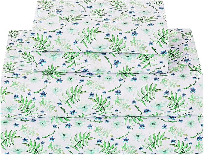 Softan Green Floral Twin Sheet Set, 3-Piece Cozy Botanical Microfiber Printed Fitted Bed Sheet with 15" Deep Pockets & Non-Slip Straps, Fresh Greenery Blooms Patterned Sheets & Pillowcase Set