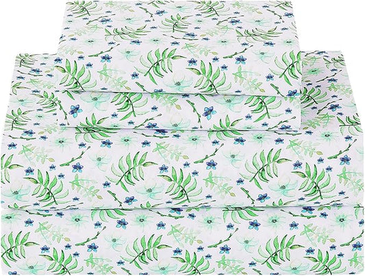 Softan Green Floral Twin Sheet Set, 3-Piece Cozy Botanical Microfiber Printed Fitted Bed Sheet with 15" Deep Pockets & Non-Slip Straps, Fresh Greenery Blooms Patterned Sheets & Pillowcase Set