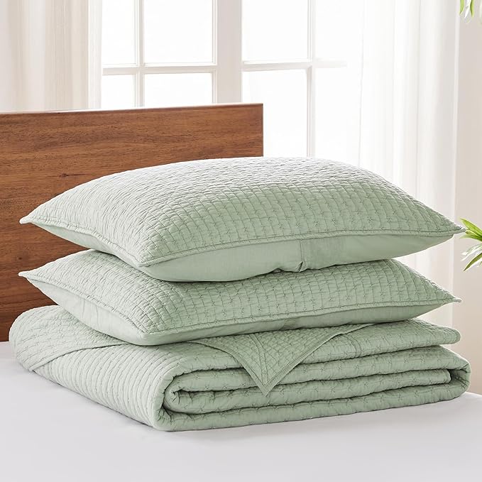 Levtex Home Cross Stitch Reversible King Bedspread Set (120x104in) with 2 Pillow Shams (36x20in) - Stitch Texture - Desert Sage - Cotton King Size Bedspread Set - Soft, Pre-Washed