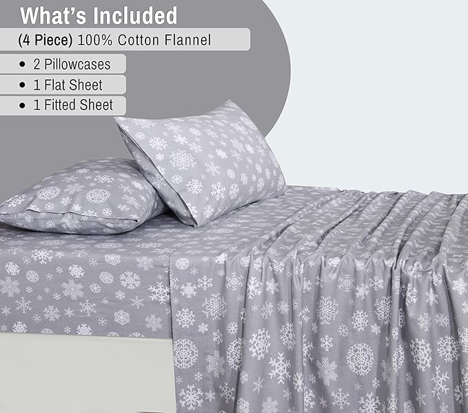 RUVANTI Flannel Sheets Queen Size - 100% Cotton Double Brushed Bed Sheets, Deep Pockets 16 Inches Queen Sheet Set, All Seasons Breathable & Extra Soft - Warm & Cozy, 4 Piece, Snowflakes