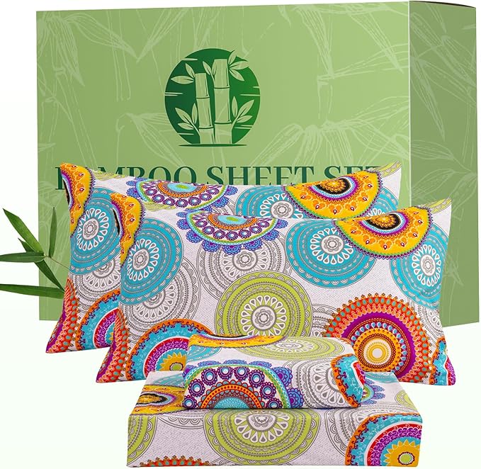 Bedlifes Queen Floral 4-Piece Sheet Set - Cooling Sheets Blend Rayon Derived from Bamboo,Soft & Breathable, Deep Pocket 16", Wrinkle Resistant - Mandala Patterned