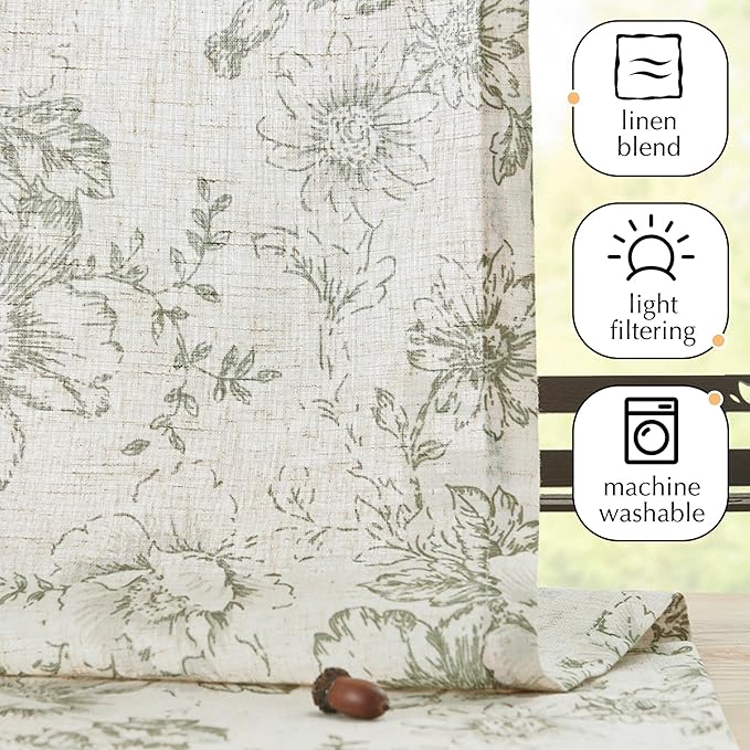 jinachan Pinch Pleated Curtains Floral Linen Blend Curtains for Living Room 63 Inch Length Christmas Green Peony Flower Printed Curtain Rod Pocket Back Tab Farmhouse Drapes with Hooks Set 2 Panels