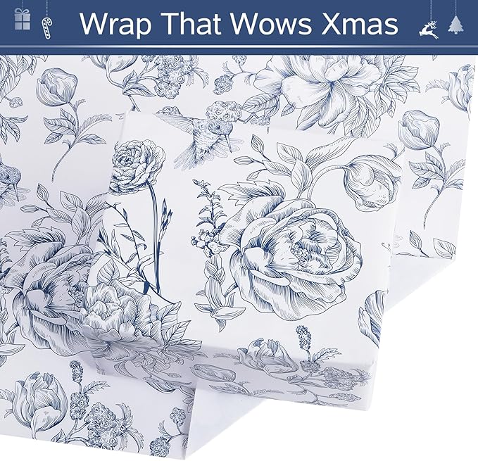 RayofSun Blue Floral Wrapping Paper Roll 17 in x 16.5 ft Mini Roll Vintage Toile Flower Gift Wrap Paper for All Occasion Wedding Birthday Bridal Shower Party Baby Shower Christmas