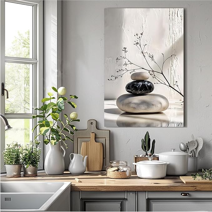 Gray and black stone pile and dried flowers poster canvas wall art in harmony Minimalist wall art for tranquil homes and mindful spaces 8x12in Frameless