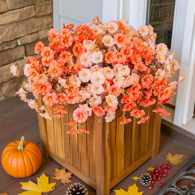 Artificial Mums for Outdoors Fake Fall Flowers Plants for Autumn Decoration, 12 Bundles Silk Morning Glory with Eucalyptus Look Real UV Resistant Faux Mums for Outside Planters Yard Patio Porch, Mix