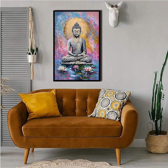 Lotus and golden Buddha meditation tranquil zen wall art mindfulness wall art for spiritual harmony and tranquility decor 16x24in Metal blackFramed