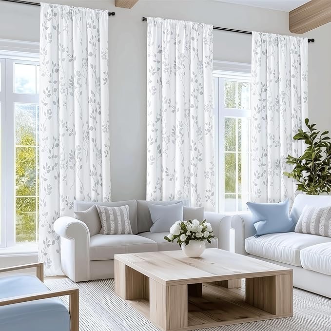 Beauoop Floral 100% Blackout Curtains 96 Inches Long 2 Panels for Bedroom Living Room Grey White Flower Patterned Room Darkening Thermal Insulated Soundproof Rod Pocket Back Tab Window Drapes, 52X96