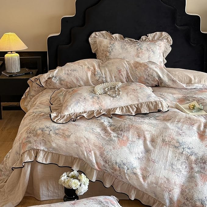 HighBuy Girl French Linen Duvet Cover Full Size,Coquette Ruffle Bedding Beige Jacquard Comforter Cover Set for College,Muslin Yarn-Dyed Cotton Cooling Bedding Set Breathable for Hot Sleepers