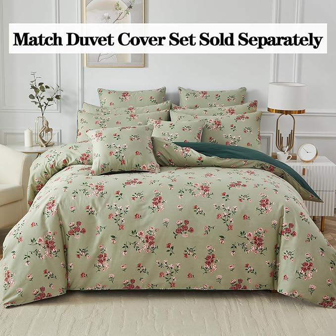FADFAY Twin XL Sheet Set 100% Cotton Sage Green Bed Sheets, French Country Red Rose Floral Pattern, Soft Cool Luxury Bedding, Shabby Vintage Style, 4 Pieces Deep Pocket Fitted Sheet, Twin Extra Long