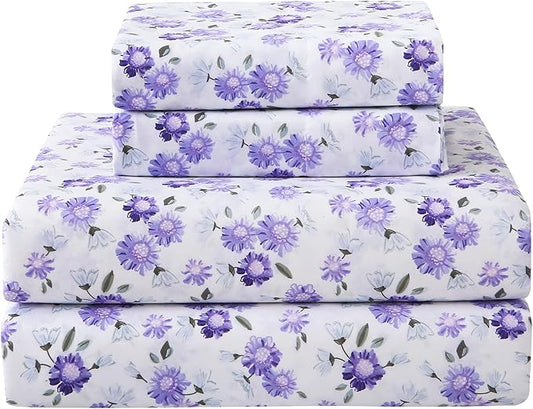 Softan Puple Floral Full Sheet Set, 4-Piece Microfiber Printed Fitted Sheet with 15" Deep Pockets & Non-Slip Straps, White Flower Patterned Double Bedding Sheets & Pillowcase Set