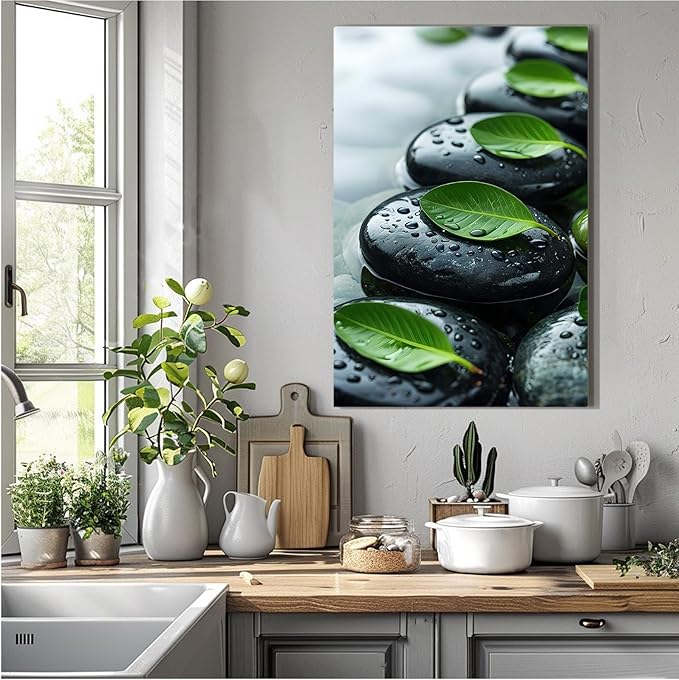 Glittering black stone cluster with fresh green leaves and water drops poster tranquil mist rain wall art zen wall art suitable for modern minimalist home decor 12x18in Wood Framed