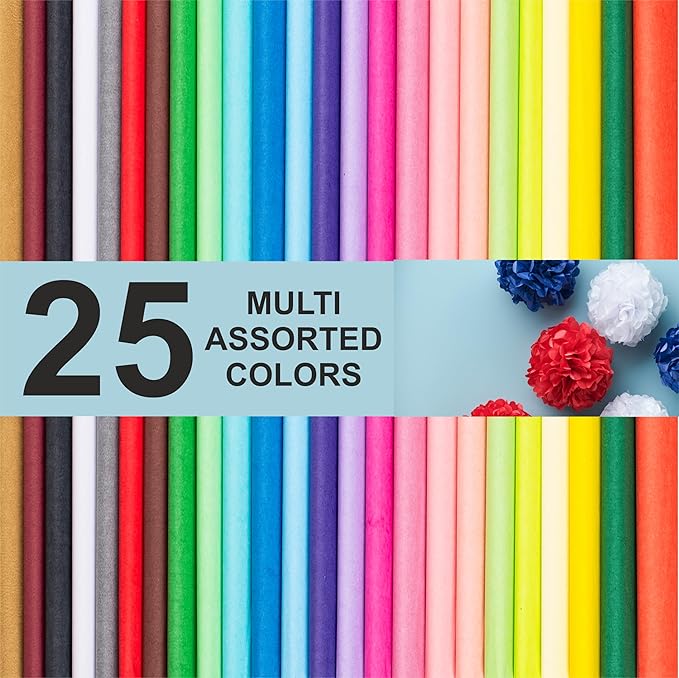 Gift Tissue Paper for Gift Bags - Tissue Paper Bulk | 25 Assorted Colors 200 Sheets 20x26 Inch | Premium Quality Bold Colored for Crafts, Wrapping, Packaging, Birthday, Holiday, Christmas