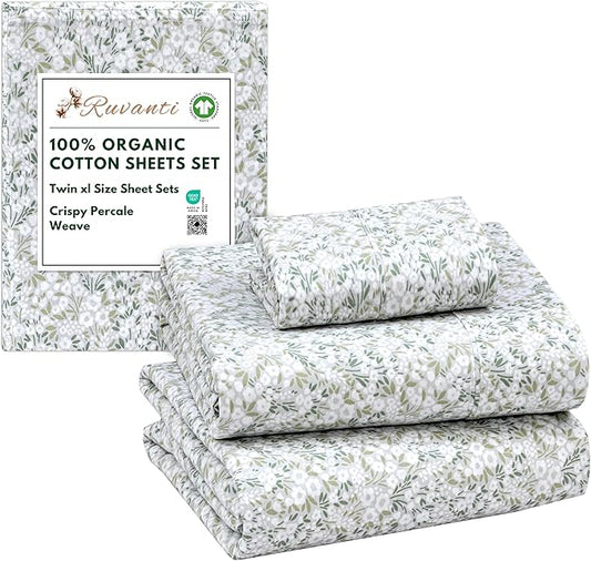 RUVANTI 100% Organic Cotton Sheets Twin XL, Percale Weave, GOTS Certified, 3-Piece Set, Deep Pocket 15", Crisp & Breathable, Soft Durable Bedding, Sábanas Algodón Orgánico – Floral Rush