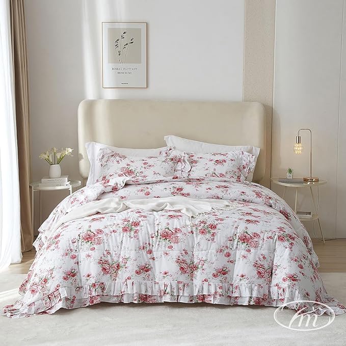 Rose Red Flower Comforter Set Queen Size Romantic Girls Lace Comforter Set Soft Microfiber Botanical Bedding Comforter Set 1 Floral Ruffled Comforter with 2 Pillowcases Lightweight Comfy