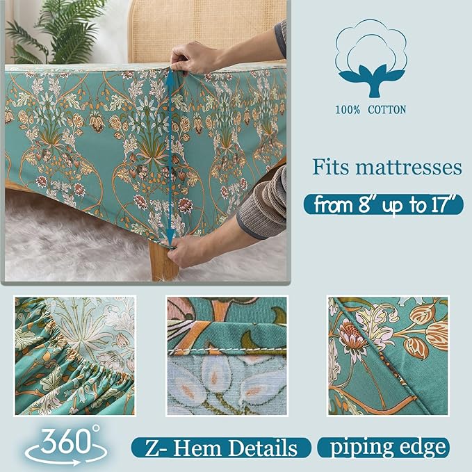 Zusbest Full Size Bed Sheet Set Shabby Vintage Floral Sheets Percale Cotton Chic Teal Blue Orange American Country Style Bedding Luxury Boho Soft Breathable Crisp Bed Deep Pocket Fitted Sheet 4 Piece