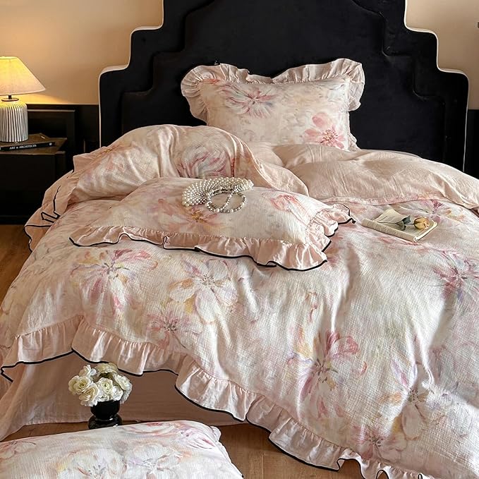 HighBuy Pink Floral Pure Linen Duvet Cover Set Twin,Ruffle Comforter Cover Chic Cottagecore Yarn-Dyed Breathable for Teen Girls,3 Piece Farmhouse Bedding Set(1 Duvet Cover,2 Pillowcases)