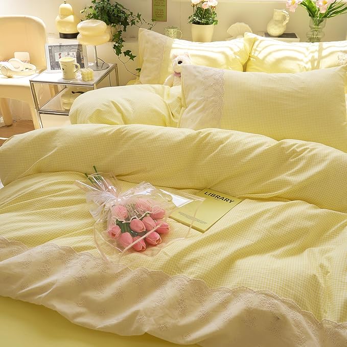 LifeTB Yellow Gingham Duvet Cover King 3 Pieces Romantic Lace Comforter Cover Soft Microfiber Cream Yellow Grid Duvet Cover Farmhouse Plaid Checkered Comforter Cover Grid Gingham Bedding Set