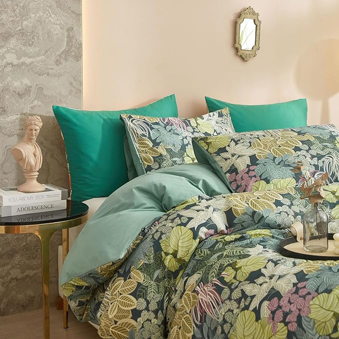 EAVD Tropical Leaves Duvet Cover King Soft Cotton Chic Plant Green Leaf Pattern Bedding Set with 2 Pillowcases Fresh Botanical Leaves Comforter Cover with Zipper Closure