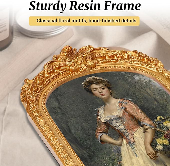 Gold Picture Frames 5x7, Arch Photo Frame Antique Ornate, Luxury Textured Hand-Crafted Picture Frame with Glass Front for Tabletop or Wall Hanging, Retro Resin Photo Frames, Photos Display Frame