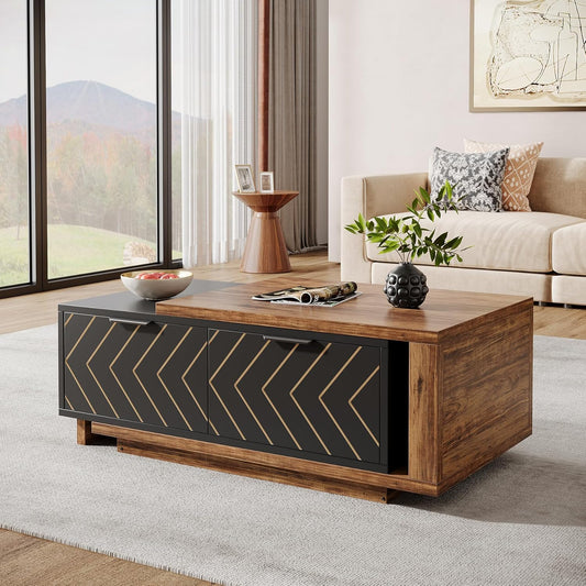 Tribesigns Extendable Coffee Table - Dual-Tone Design with 2 Storage Drawers | Multi-Functional Wooden Table (Brown & Black)