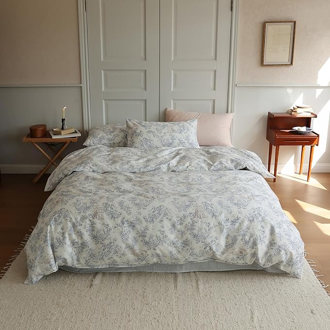 LifeTB Vintage Garden Floral Duvet Cover Queen Cozy Cotton Botanical Flower Bedding Set Queen Vintage Boho Cabin Floral Comforter Cover Country Style Cottagecore Duvet Cover Queen Bedding Set