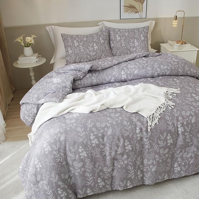 EAVD Vintage Style Garden Grey Floral Duvet Cover Queen Soft Cotton Chic Shabby Floral Bedding Set with 2 Pillowcases Fresh Reversible Botanical Duvet Cover with Zipper Closure