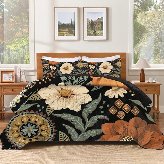 Andency Floral Boho Queen Quilt Bedding Set Dark, 3 Pieces Farmhouse Flower Botanical Summer Bedspreads with 2 Shams, Soft Reversible Lightweight Microfiber Coverlet Set for All Season, 90"x96"
