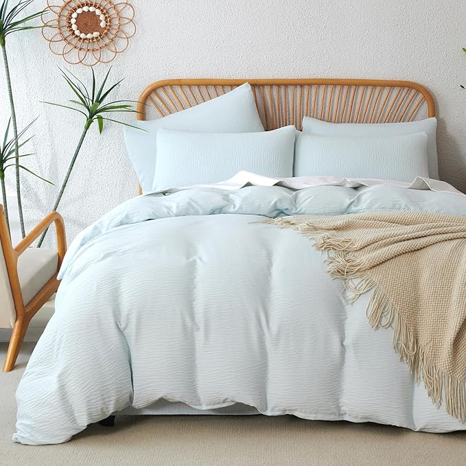 Duvet Cover King Size Glacier Blue, 3 Pieces Double-Layer Crinkle Gauze Soft Bedding for All-Season Lightweight Breathable Comfy with 2 Pillowcases