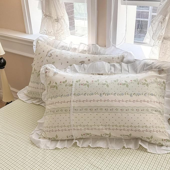 Twin XL Comforter Set Cute Flower Green Leaves Pattern Comforter White Ruffle Bedding Comforter with 2 Pillowcases Reversible Green Plaid Comforter Botanical Flower Cute Rabbit Comforter Set
