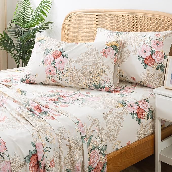 Zusbest King Floral Bed Sheets, Soft 100% Cotton Pink & Cream Sheets Set, Shabby Vintage Chic Peony Flower Printed Paisley Bed Set, Breathable Luxury Bedding 4 Piece Deep Pocket 17.5‘’