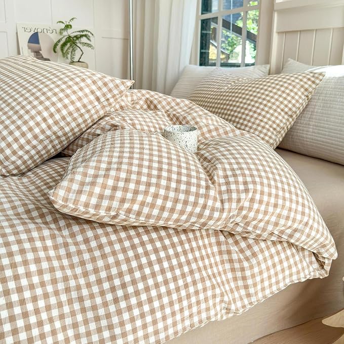 LifeTB Tan Gingham Comforter Set Full Modern Style Beige Plaid Comforter Set 3 Pieces Soft Fluffy Grid Checkered Pattern Comforter with 2 Pillowcases Farmhouse Gingham Bedding Comforter Full