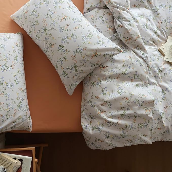 EAVD Vintage Style Garden Floral Duvet Cover Queen Soft Cotton Chic Shabby Floral Bedding Set with 2 Pillowcases Reversible Botanical Comforter Cover with Zipper Closure