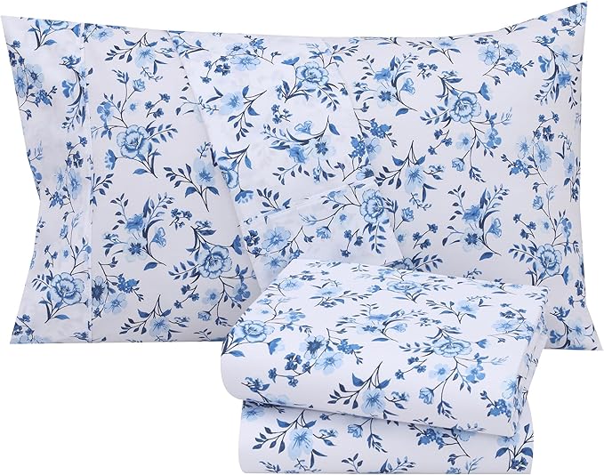 RUVANTI 100% Cotton Full Size Bed Sheets, 4 Pieces, Soft & Breathable Percale Weave Bedding, Deep Pocket 16", Hotel Standard, Crisp Cool Feel, Durable, Perfect Sheet Set Floral, Annual