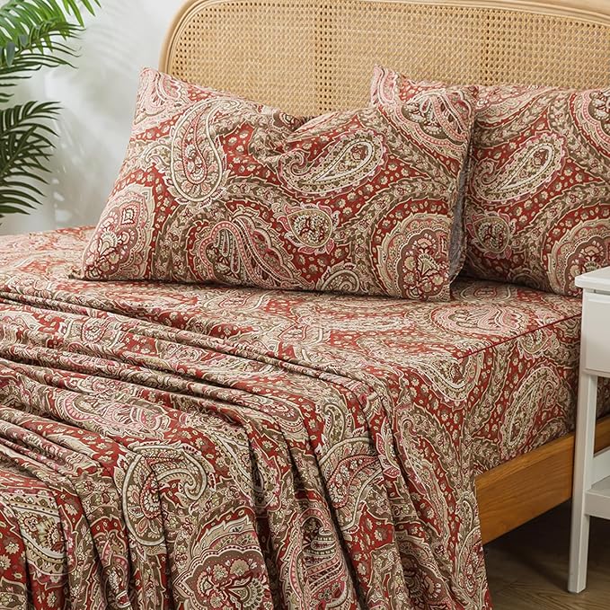 Zusbest California King Paisley Sheets 100% Cotton Burgundy Red Patterned Bed Sheet Set Luxury Soft Breathable Crispy Cooling Percale Printed Sheets 17.5 Inches Deep Pocket Boho Sheets, 4 Pieces