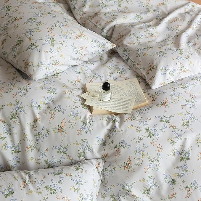 EAVD Vintage Style Garden Floral Duvet Cover Full Soft Cotton Chic Shabby Floral Pattern Bedding Set with 2 Pillowcases Fresh Botanical Comforter Cover with Zipper Closure