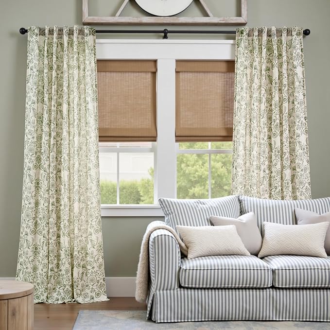 jinchan Linen Floral Curtains for Living Room with Printed Flower 96 Inches Long Light Filtering Farmhouse Window Treatment Vintage Drapes Back Tab Rod Pocket 2 Panels Green on Beige