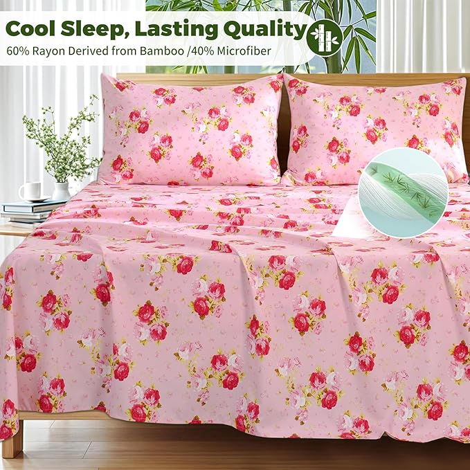 Bedlifes Extra Deep Pocket 18-24" Queen 4-Piece Sheet Set - Cooling Sheets Blend Rayon Derived from Bamboo Soft & Breathable,Featuring Pink Floral Red Rose