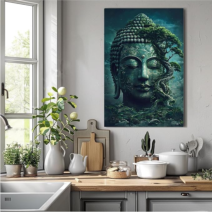 Buddha statue wall art canvas wall decor aesthetic picture mystical nature art for tranquil home and spiritual space 32x48in Frameless