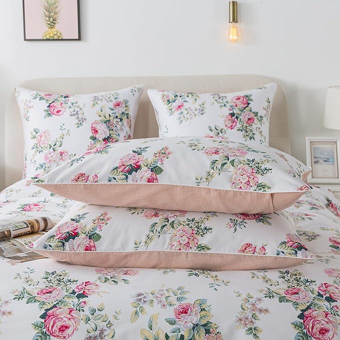 FADFAY Duvet Cover Set Twin XL Pink Rose Floral College Bedding Shabby Peony Flower Quilt Cover Set 100% Cotton Soft Comforter Cover Set with Hidden Zipper Closure 3Pcs, Twin XL Size for Dorm Room