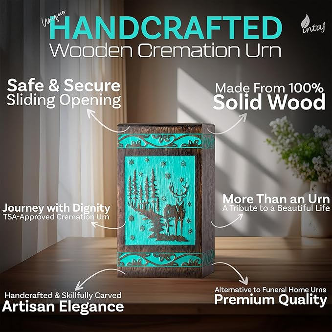 INTAJ Handcarved Rosewood Teal Green Deer Oversized Urn for Human Ashes - 640 lbs Companion Capacity Forest Wooden Cremation Urn Box Burial Funeral Decorative Wildlife Memorial Casket