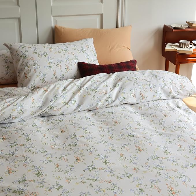 EAVD Vintage Style Garden Floral Duvet Cover Full Soft Cotton Chic Shabby Floral Pattern Bedding Set with 2 Pillowcases Fresh Botanical Comforter Cover with Zipper Closure