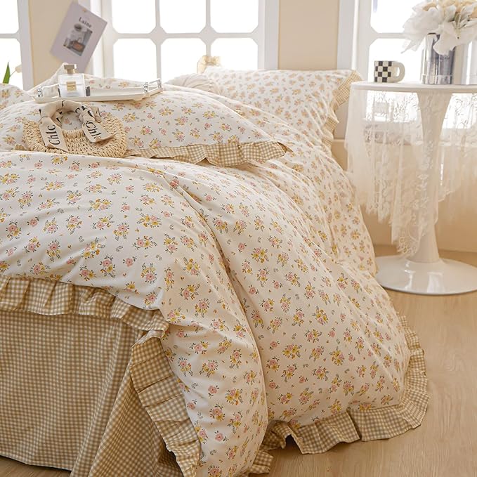 Ruffle Floral Comforter Set King 3 Pieces Vintage Flowers Pattern Romantic Ruffled Comforter with 2 Pillowcases Fluffy Soft Cottagecore Bedding Set Farmhouse Flowers Botanical Comforter Set King