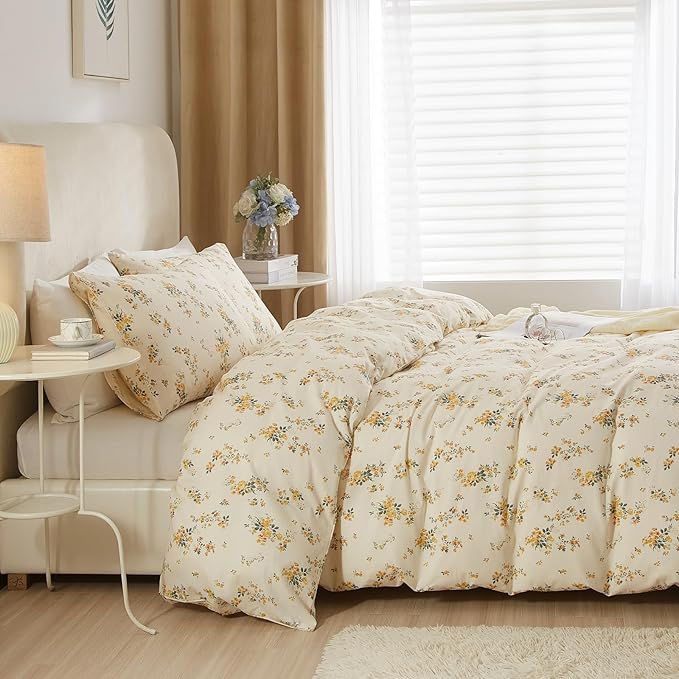 Vintage Yellow Floral Comforter Set King Garden Style Aesthetic Flower Comforter for King Bed Fluffy Lightweight Chic Botanical Floral Bedding Cottagecore Comforter Farmhouse Boho Comforter Set