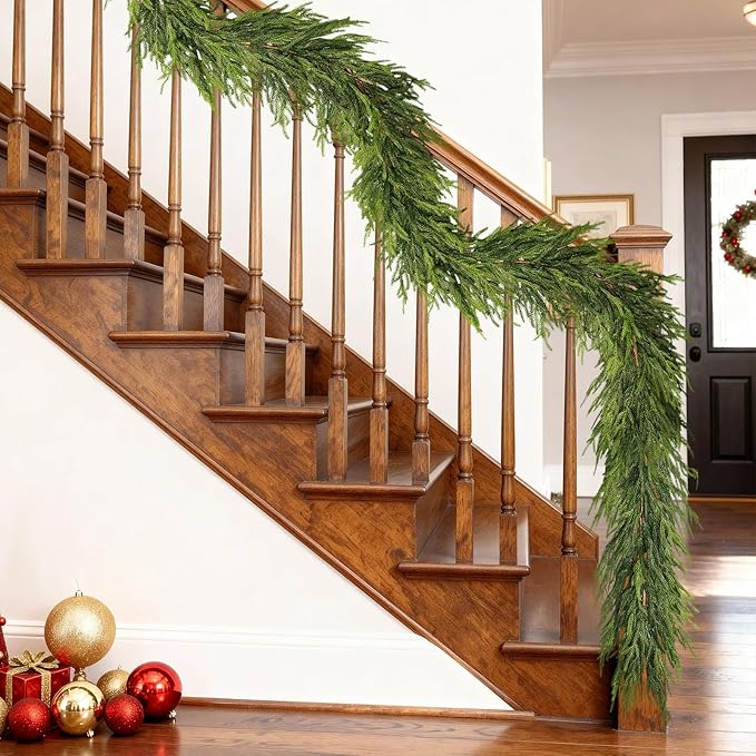5FT Real Touch Norfolk Pine Garland - Artificial Christmas Garland Fake Green Faux Pine Needles Garland for Table Fireplace Mantle Holiday Home Indoor Outdoor Decor (2PCS)