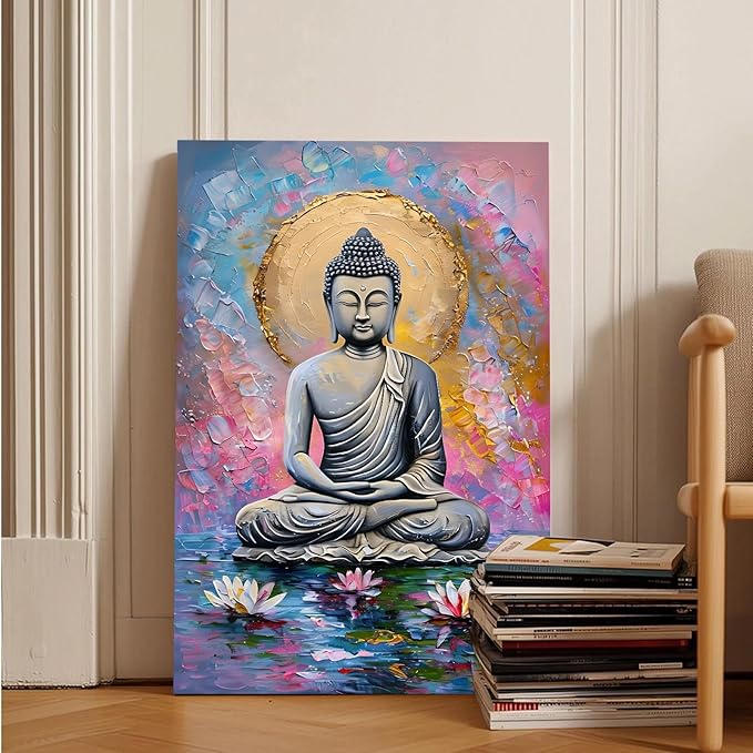 Lotus and golden Buddha meditation tranquil zen wall art mindfulness wall art for spiritual harmony and tranquility decor 32x48in Frameless