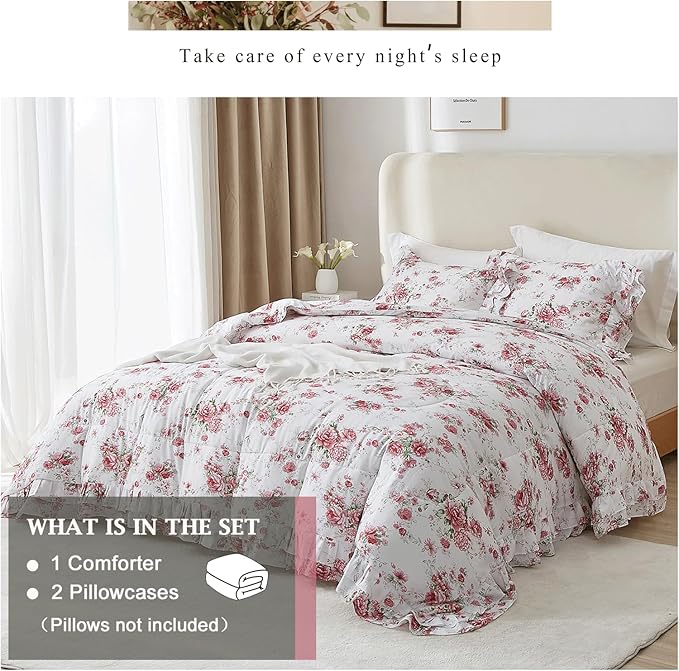 VM VOUGEMARKET Rose Flower Comforter Set King Size Romantic Girls Ruffle Bedding Comforter Soft Microfiber Botanical Comforter Set 1 Ruffled Comforter with 2 Pillowcases Lightweight Comfy